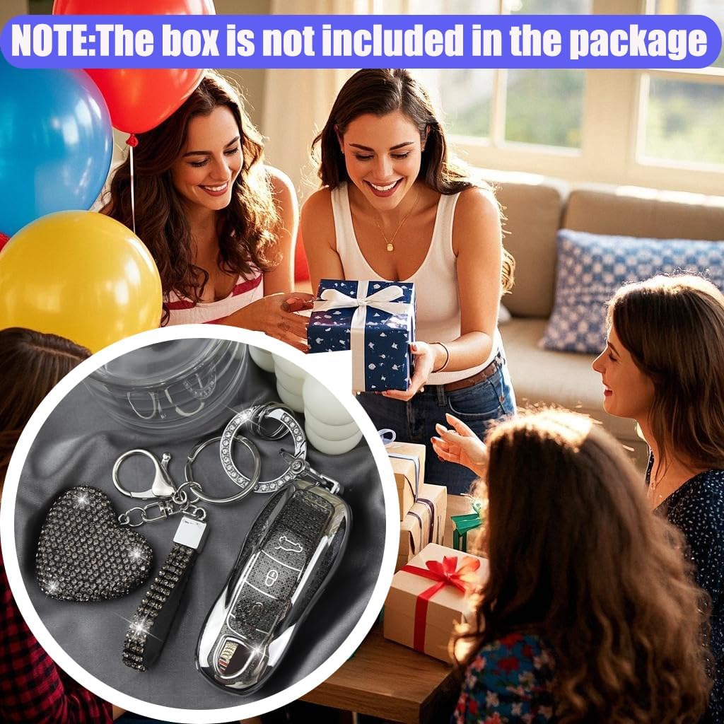 Key Fob Cover with Diamond Keychain Car Key Holder Compatible with Porsche Cayenne Panamera 911 718 Macan Boxster Cayman Protector for Women, 3 Buttons (Black-Heart) - Image 6