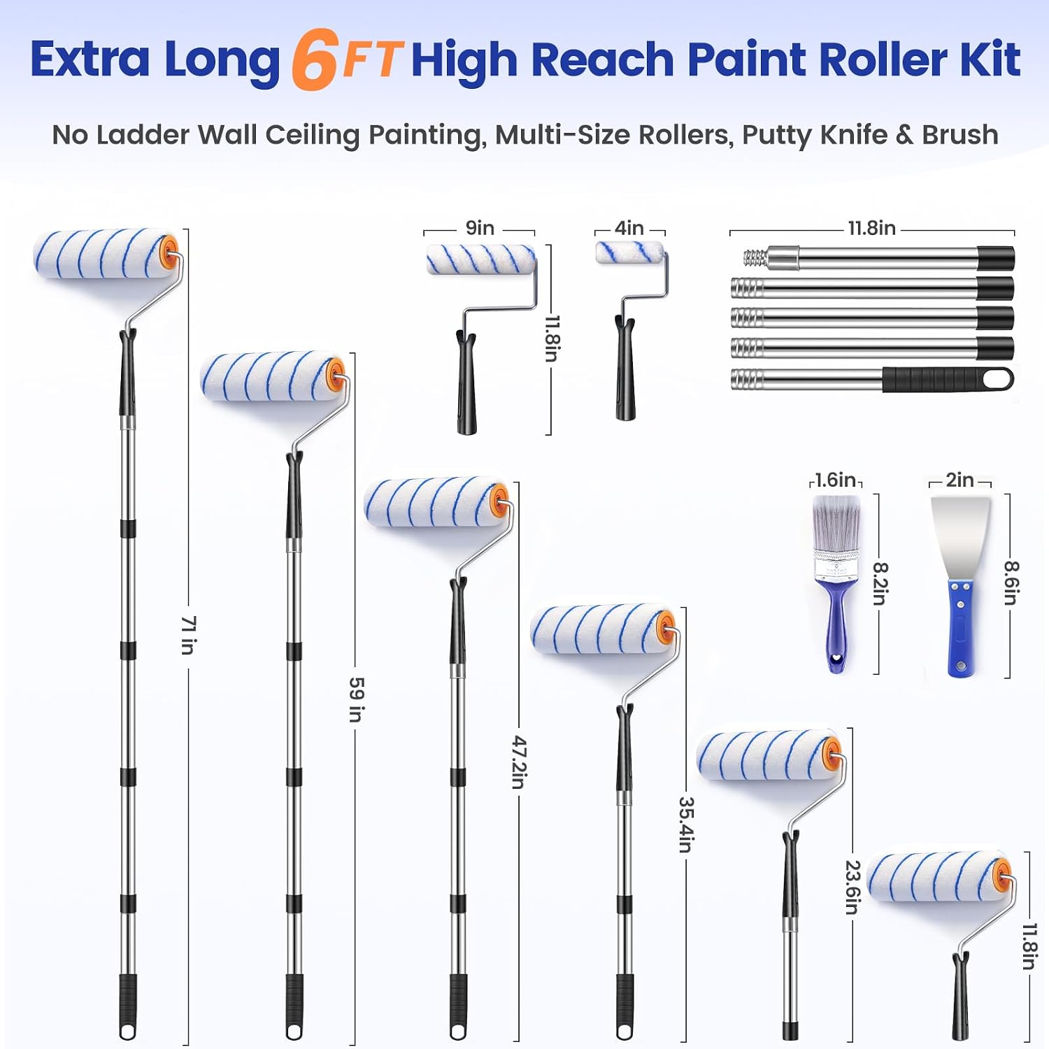 BOBEN 18PCS Paint Roller Set, Adjustable Pole 1-6ft, 4"/9" Roller Frames & Brushes – for Home, Ceiling, Wall Painting with All Paints & Stains