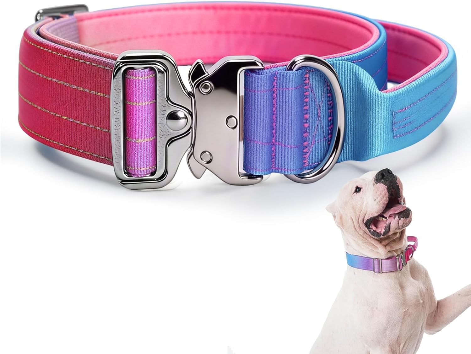 Tactical Dog Collar, Adjustable Heavy Duty Dog Collar with Handle Soft Neoprene Padded Training Collar with Quick Release Metal Buckle for Large Dogs (Gradient Pink, L)