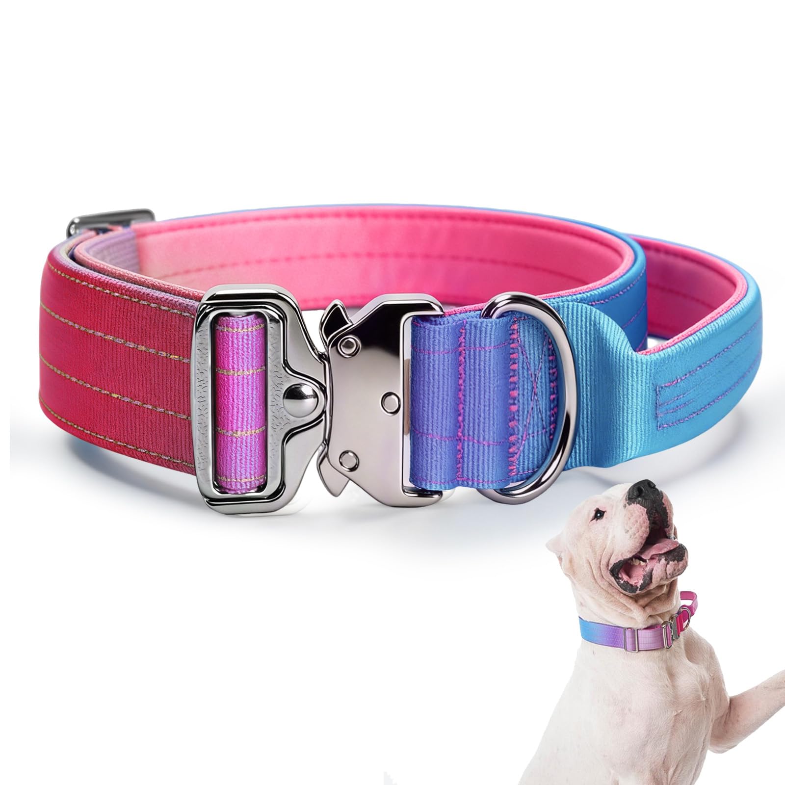 Atiansen Tactical Dog Collar, Adjustable Heavy Duty Dog Collar with Handle Soft Neoprene Padded Training Collar with Quick Release Metal Buckle for Large Dogs (Gradient Pink, XL)