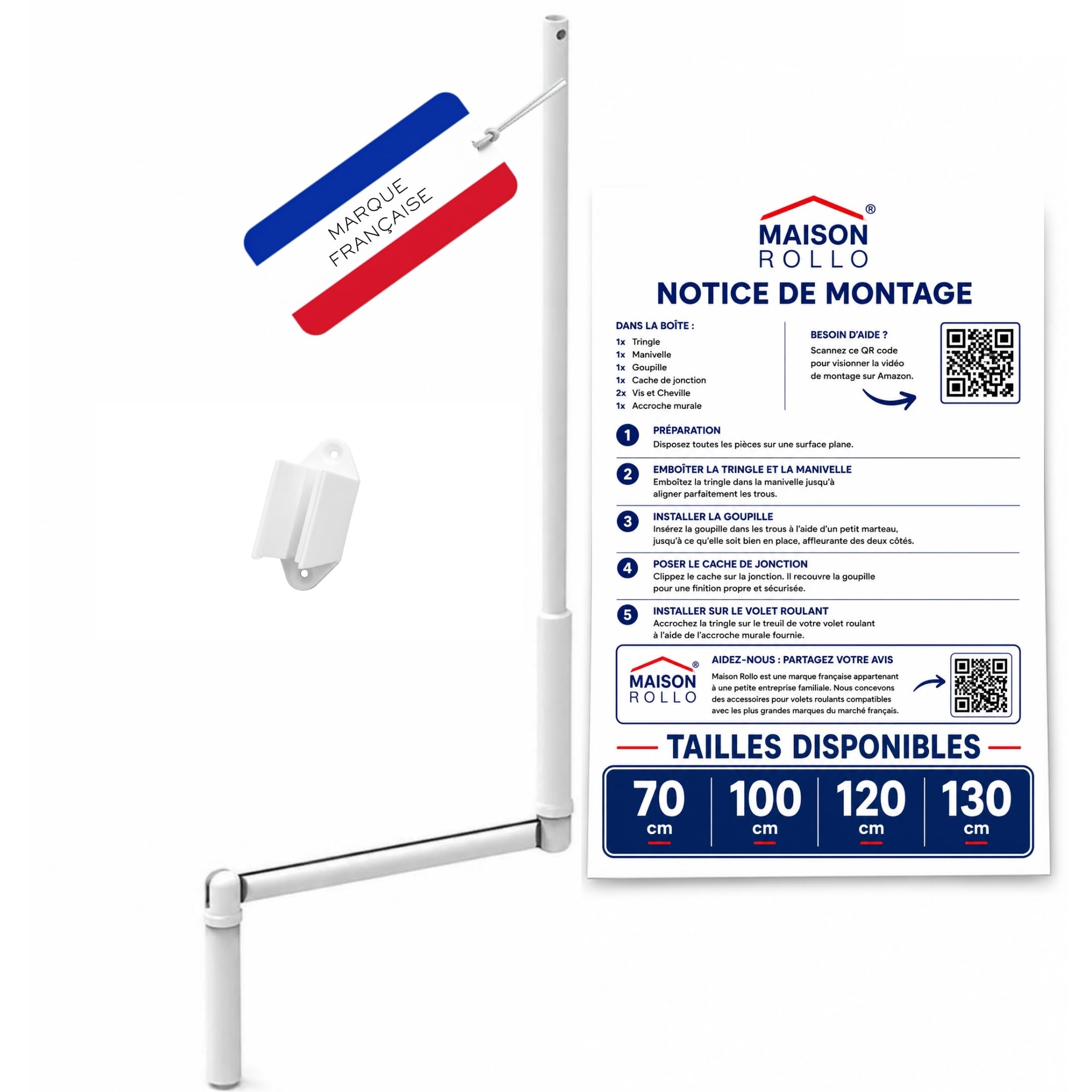 Manivela de persiana enrollable 100 cm – Manivela completa de acero lacado blanco Ø12 mm con mango ergonómico y soporte de pared – Maison Rollo