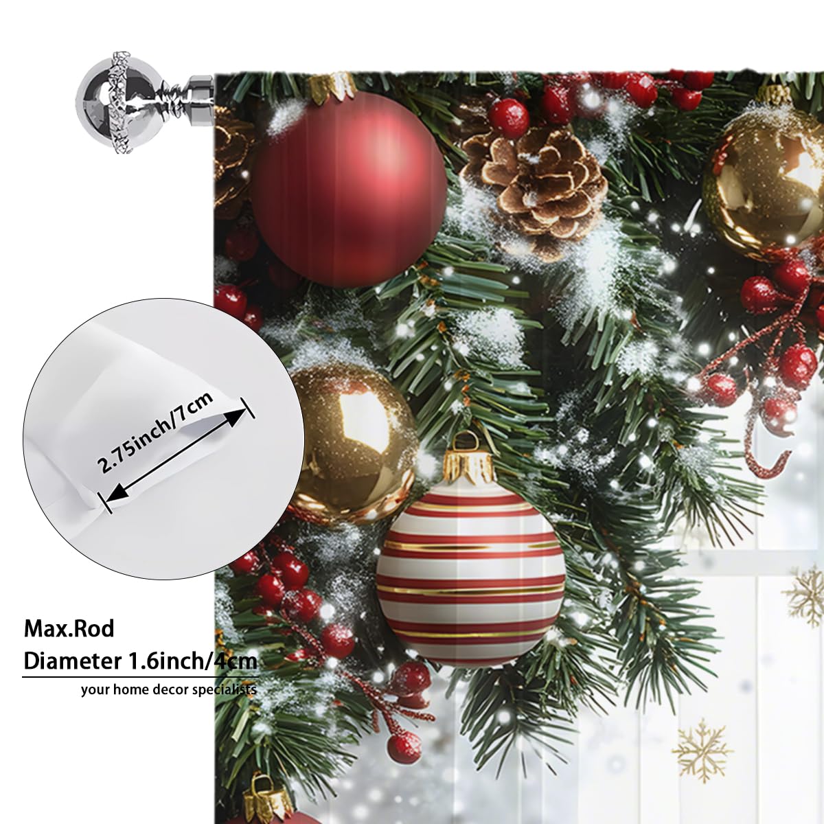 Odot Lot de 2 Rideaux Voilage Noël Semi-Transparent à Passe Tringle, 3D Aiguilles de Pin Boules de Noël Imprimé Rideaux Voilage Décoration de Maison Chambre Cuisine Salon (Couleur 6,132x241cm)