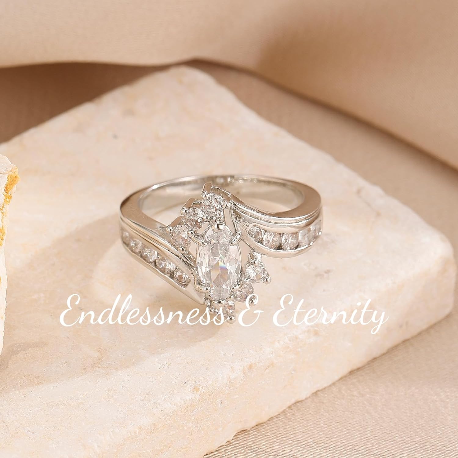 ENDLESSNESS & ETERNITY 1.5CT Marquise Cut Half Eternity 14K White Gold Plated Wedding Band Ring Cubic Zirconia Engagement Promise Ring Gift for Women - Image 5