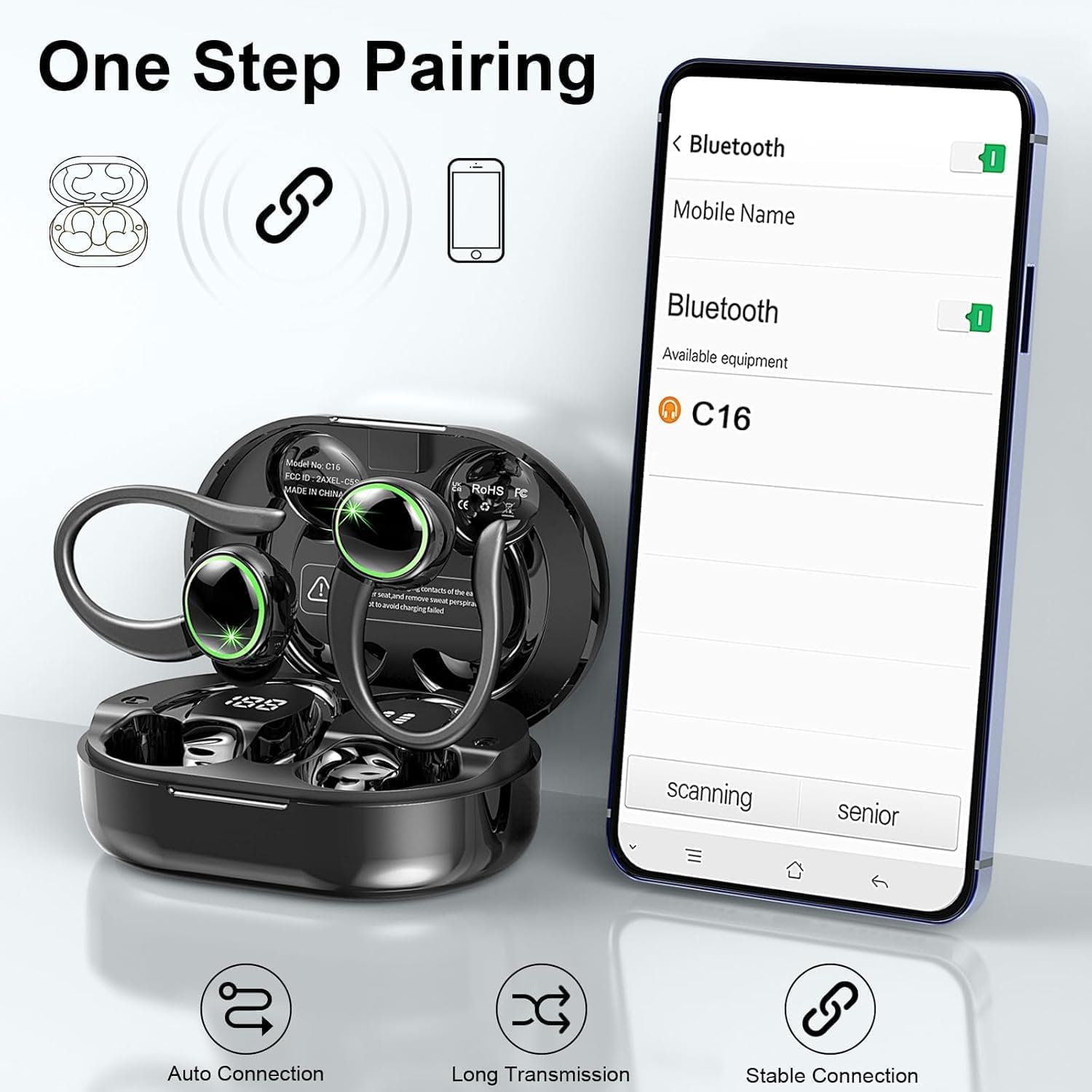 Cuffie Bluetooth 5.4, Auricolari Bluetooth Sport con 3D Bass Hifi Stereo, 50 Ore Cuffie Wireless In Ear Cancellazione Rumore ENC e 4 HD Mics, IP7 Impermeabile Cuffie Senza Fili, Cuffiette LED Display