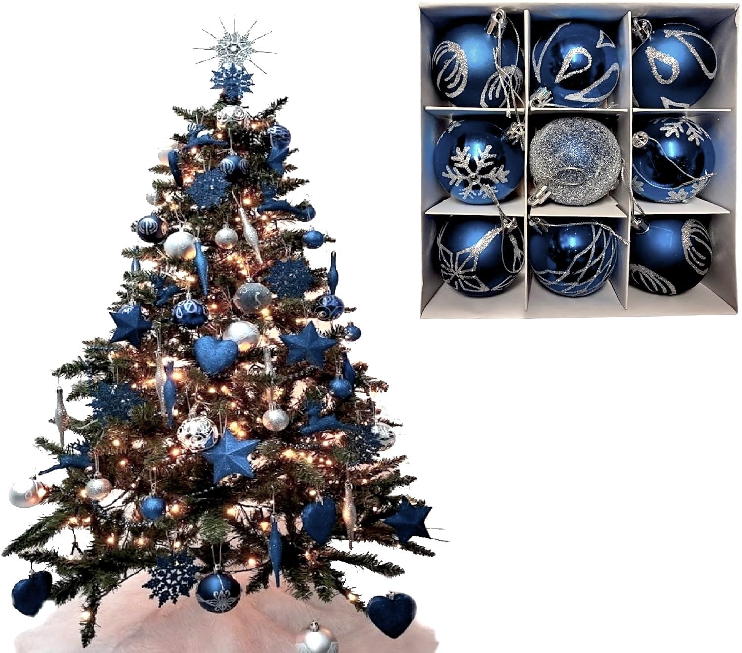 9pc Luxury Premium Baubles, Christmas Tree Bauble Decorations Matte, Glitter, shiny & Frosted (6cm) (Navy)