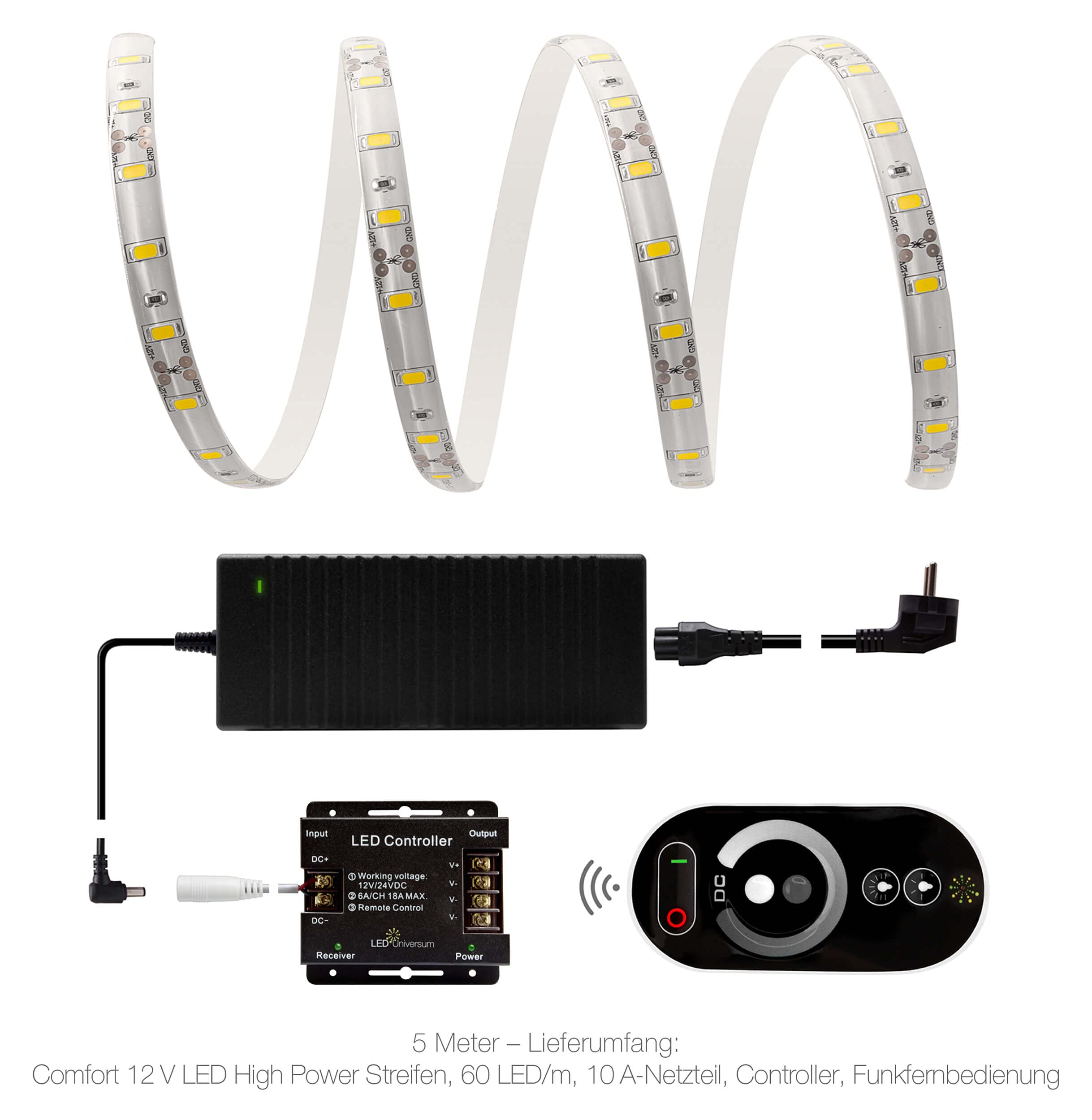 Tira 5 Metros warmweißer High Power LED (60 x 5630 SMD LED/M, 1400lm/M, IP65, 12 V), incluye controlador, mando a distancia y fuente de alimentación