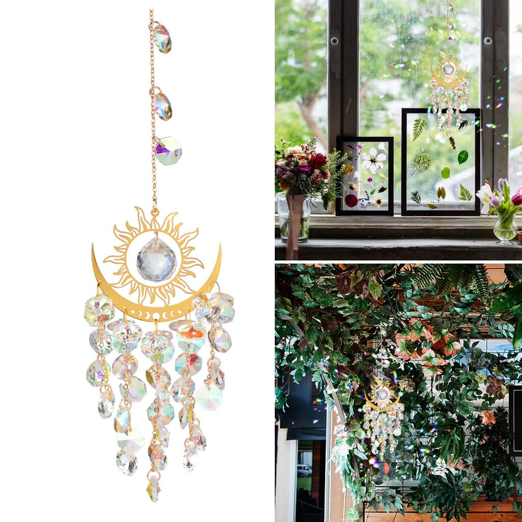 HASTHIP® Crystal Wind Chimes 14.96 Inches Hanging Garden Wind Chimes Color Crystal Shining Wind Chime Golden Sun Crescent Decorative Wind Chimes for Balcony, Garden House Warming Gift (B0D5R8XXG8) Amazon Price History, Amazon Price Tracker