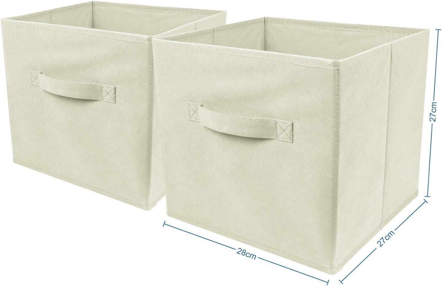 Set of 2 Large Foldable Square Storage Cubes, Fabric Organiser Canvas Cube Boxes Collapsible for Home, Bedroom, Nursery Office, Playroom Toys, 28 x 28 x 28 cm (Beige)