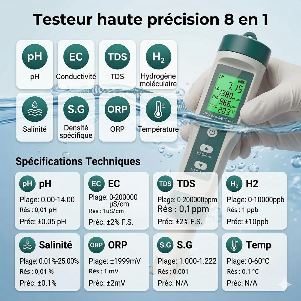 pH Chlore Mètre Piscine 8 EN 1, Tester pH Chlore (FAC) TDS EC Salinité ORP et Température avec ATC, Testeur Qualité Eau étanche IP67, précision élevée pour eau potable, spa, hydroponie