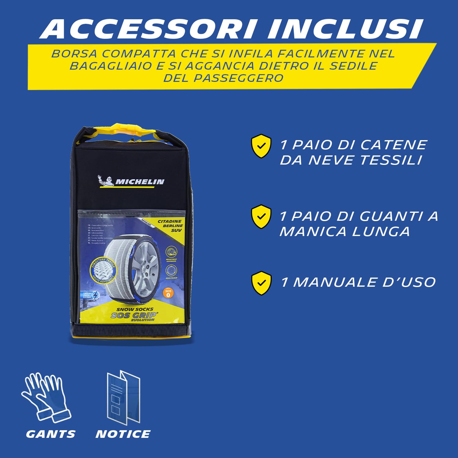 MICHELIN Calze da Neve SOS Grip Evolution SOS 5 - Omologate Italia Tessili Riutilizzabili - Montaggio Rapido 30 Secondi