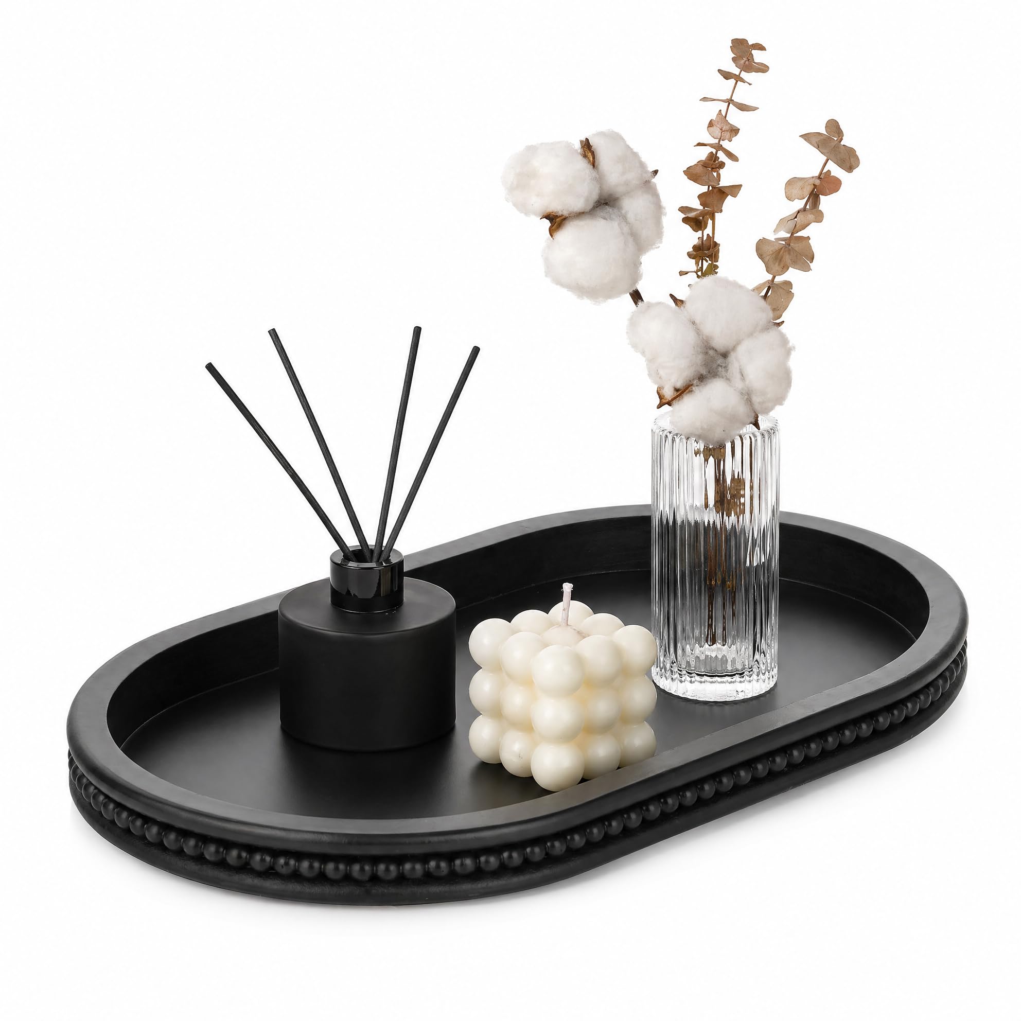 Hanobe - Bandeja decorativa de madera, ovalada, negra, con cuentas, para café y decoración de centro de mesa, diseño moderno, para expositor de encimera