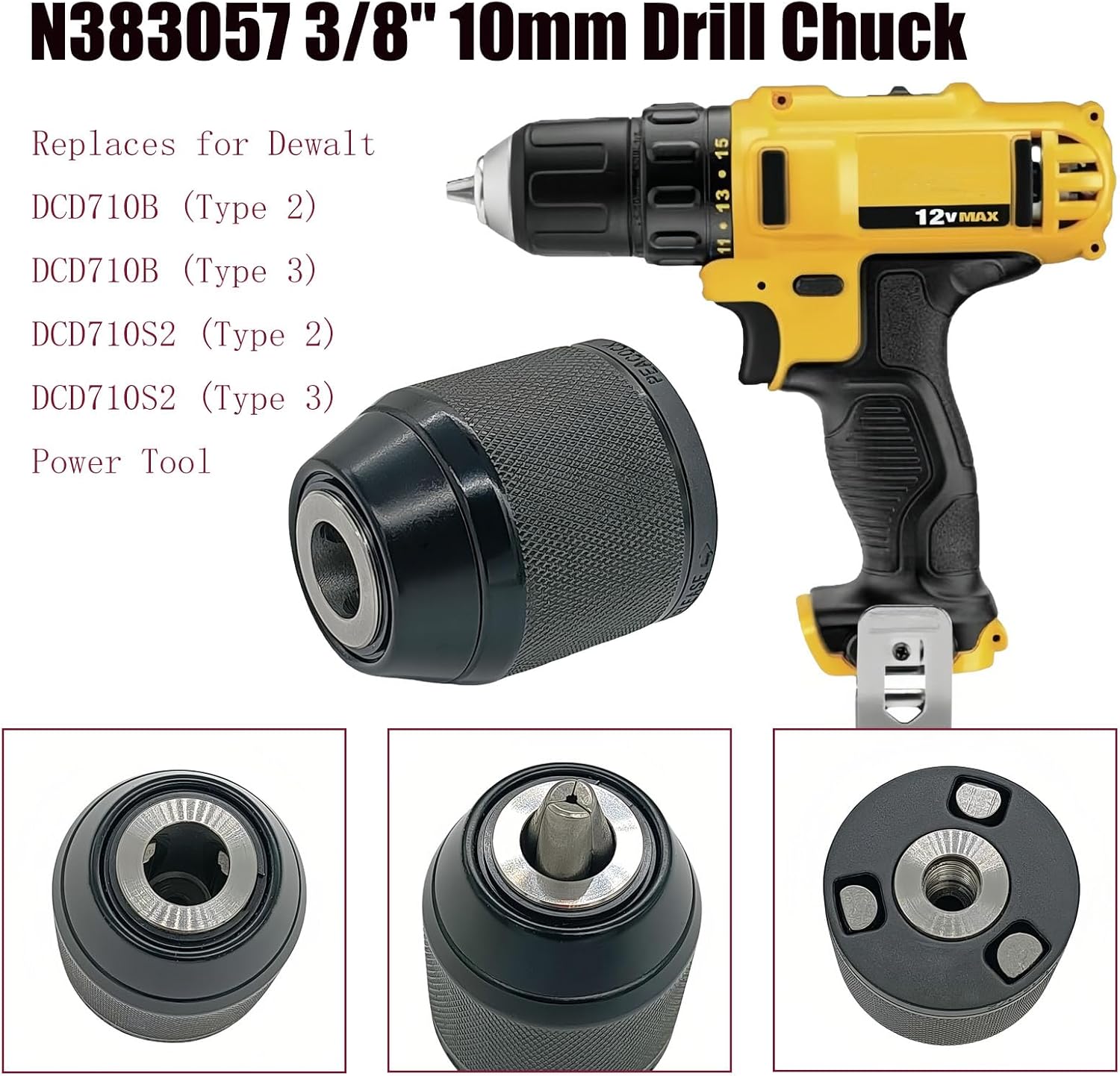 42-66-0850 3/8'' 10mm Drill Chuck Replaces for Dewalt DCD710 DCD710B DCD710S2 DC740 DC750 DWC709 DWC712 DWC714 and for 2415-20 2407-20 2408-20 2411-20 3401-20 Power Tool