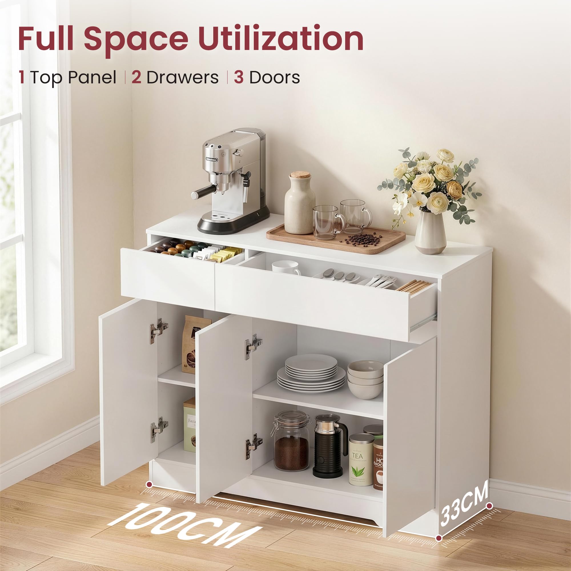 YOUDENOVA Sideboard 100 cm with 2 drawers, 3 doors and shelves, white | Adjustable Shelves, Large Storage for Dishes and Utensils, Ideal for Kitchen, Dining Room or Living Room