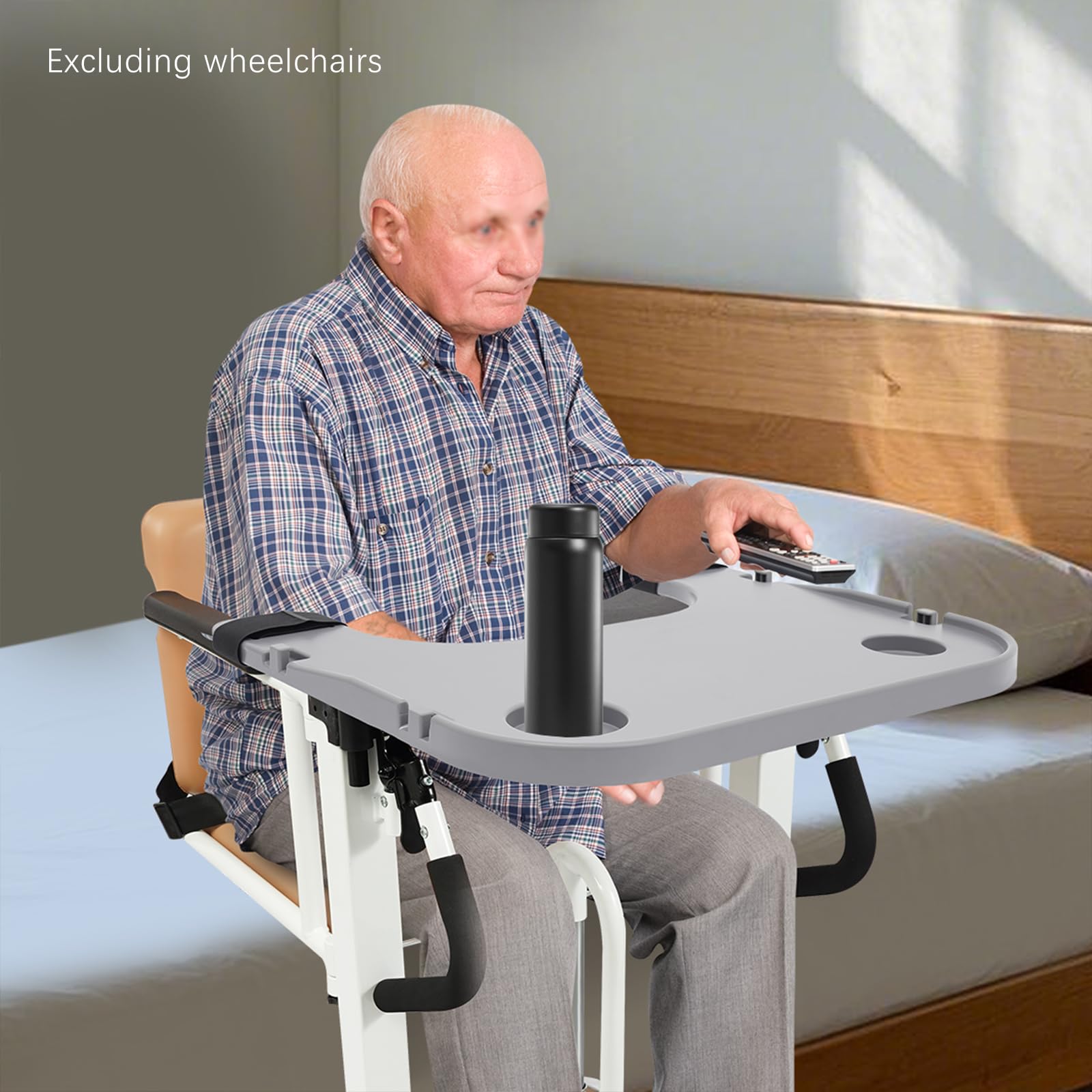 Tablett für Rollstuhl mit Becherhalter, 4 Haken, 58x53cm Abnehmbar, 80kg Tragkraft Rollstuhltisch für Erwachsene Menschen mit Behinderungen und eingeschränkter Mobilität, Grau