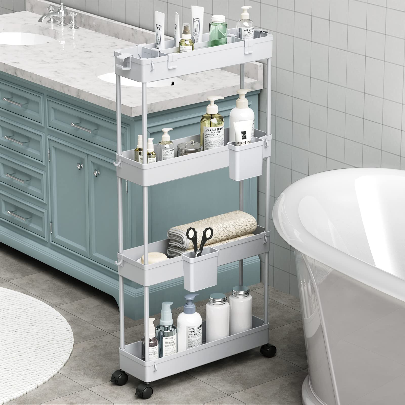 SPACEKEEPER Kitchen Wagon, Gap Storage, Slim, 5.1 inches (13 cm), Storage Cup with Divider Plate, Multi-functional, Small Items, Food, Condiments, Casters, Easy Assembly, Bathroom, Kitchen