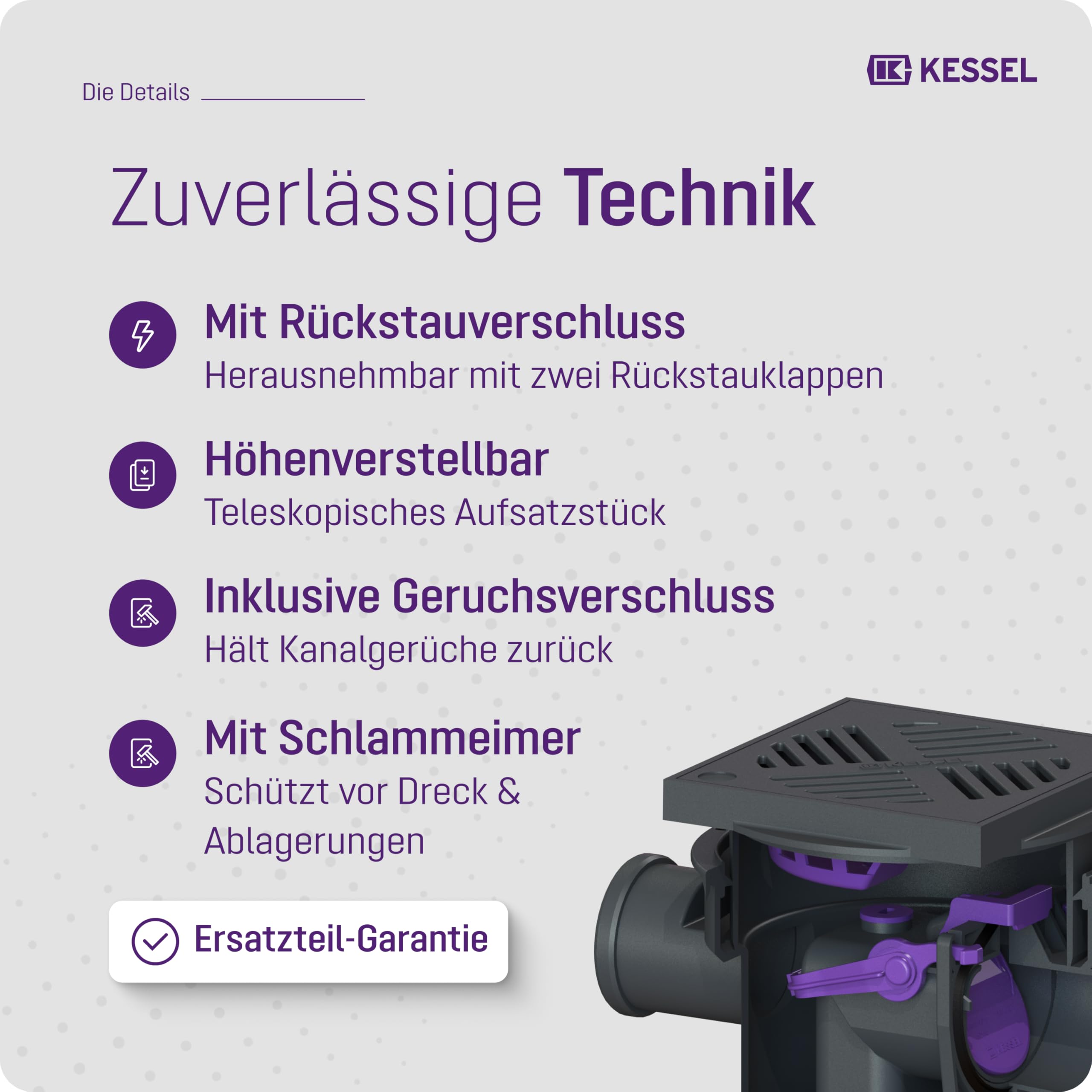 KESSEL Universal-Bodenablauf DN 100 Typ 5, 3 Zuläufe, Rückstauverschluss | Schlitzrost Kunststoff schwarz, 2 Rückstauklappen + Notverschluss, EN 1253