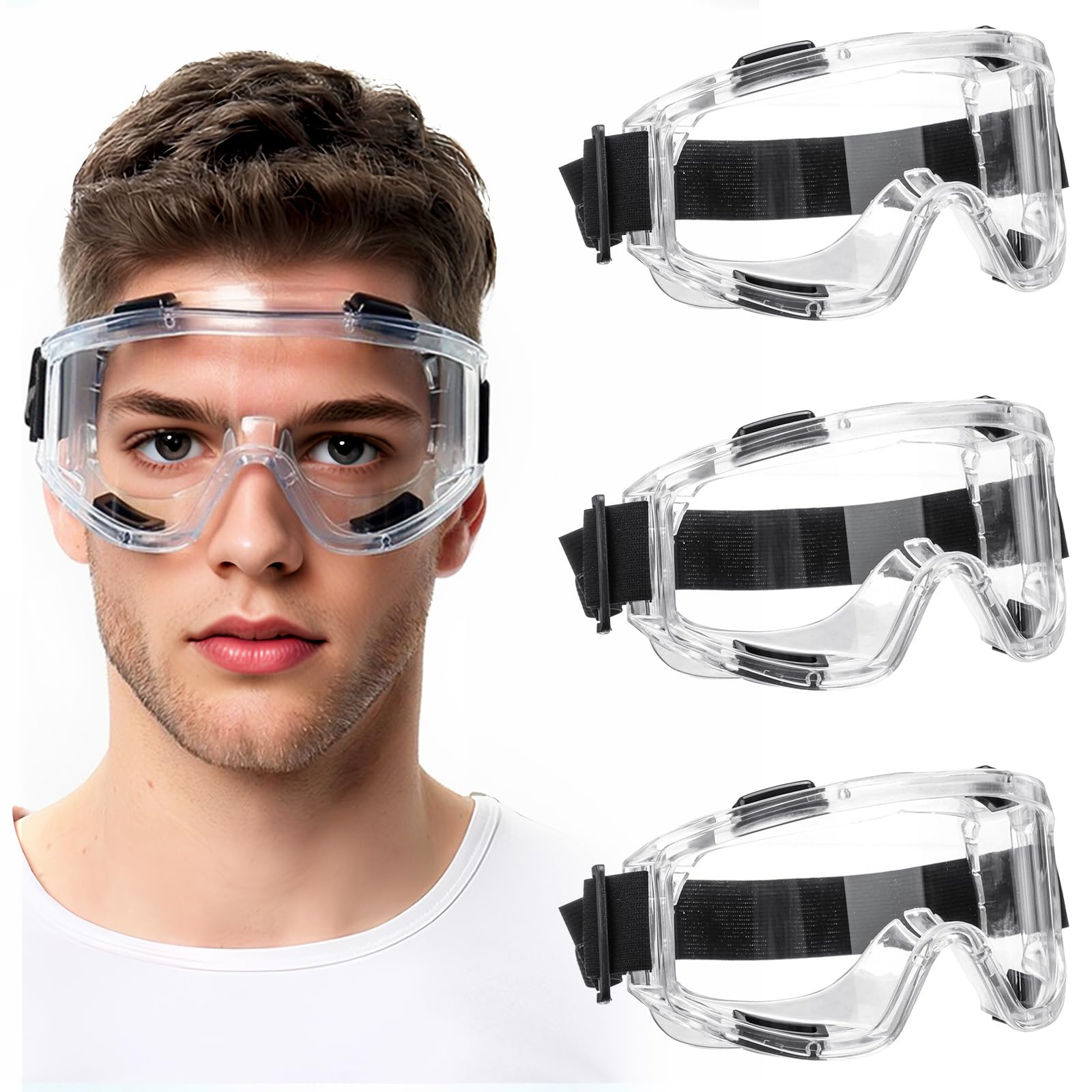 Eulihent 3-Pack Anti-Fog Safety Goggles, Protective Goggles for Adults, Safety Goggles Over Glasses with Adjustable Vented Design, Eye Protection Goggles Ideal for DIY work, Sanding, Dust, Woodworking
