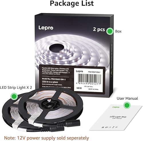 Miniatura 3 de LE Paquete de 2 tiras flexibles de luces LED, 16.4 pies. 300 unidades. SMD 2835 LED, 12V DC, 5000K blanco tipo luz de día, no son a prueba de agua.