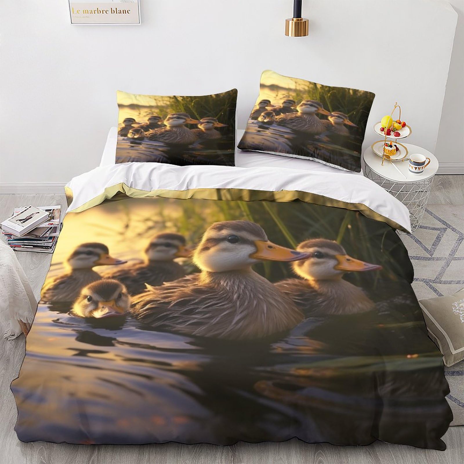 GEEYOU Swimming Duck Warmth Bedding Set Hidden Zipper Duvet Cover Set with Pillowcases Little Duck Quilt Cover Set Soft Microfiber Comforter Cover Various Sizes for Kids Adults Double（200x200cm）