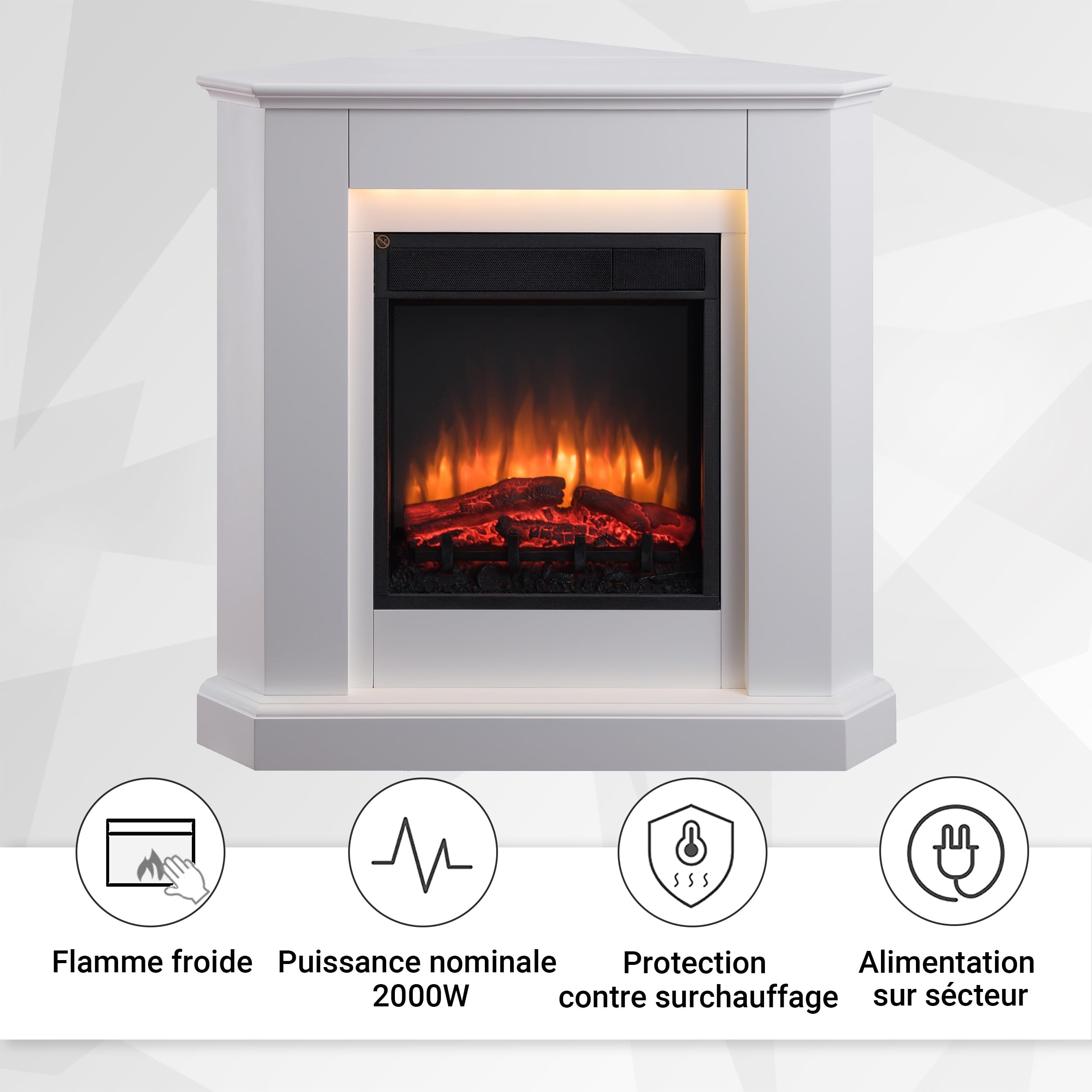 BALDERIA cheminée électrique d'angle Candela | Foyer électrique de Coin avec Effet de Flammes 3D | Chauffage 2000W, éclairage LED | Cheminée Angulaire avec télécommande, minuteur & Thermostat | Blanc