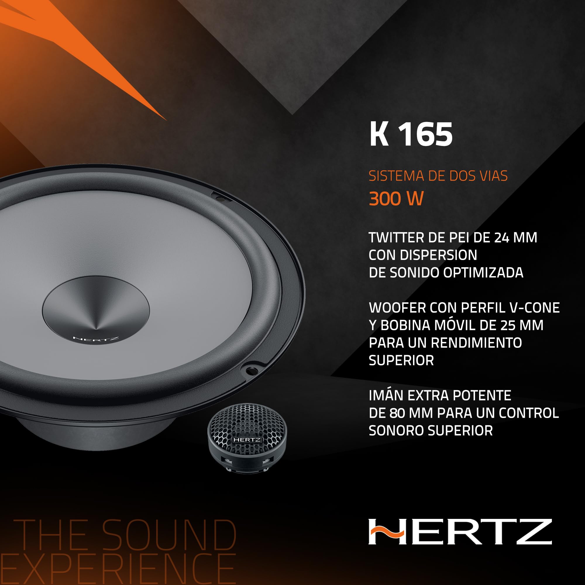 Hertz K 165 – Kit de Altavoces de 2 vías de 165 mm con woofer de Papel prensado y Tweeter de cúpula Pei, diseño Compacto y 210 W máx | Papel prensado impermeable, tweeter PEI 24 mm, crossover incluido, 6,5 pulgadas, 75 W RMS, 4 ohmios, 93,5 dB