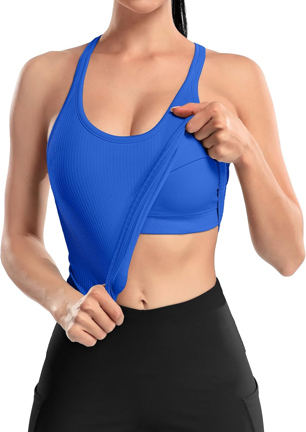ATTRACO Women Ribbed Workout Crop Tops with Built in Bra Yoga Racerback Tank Top Tight Fit - Image 2