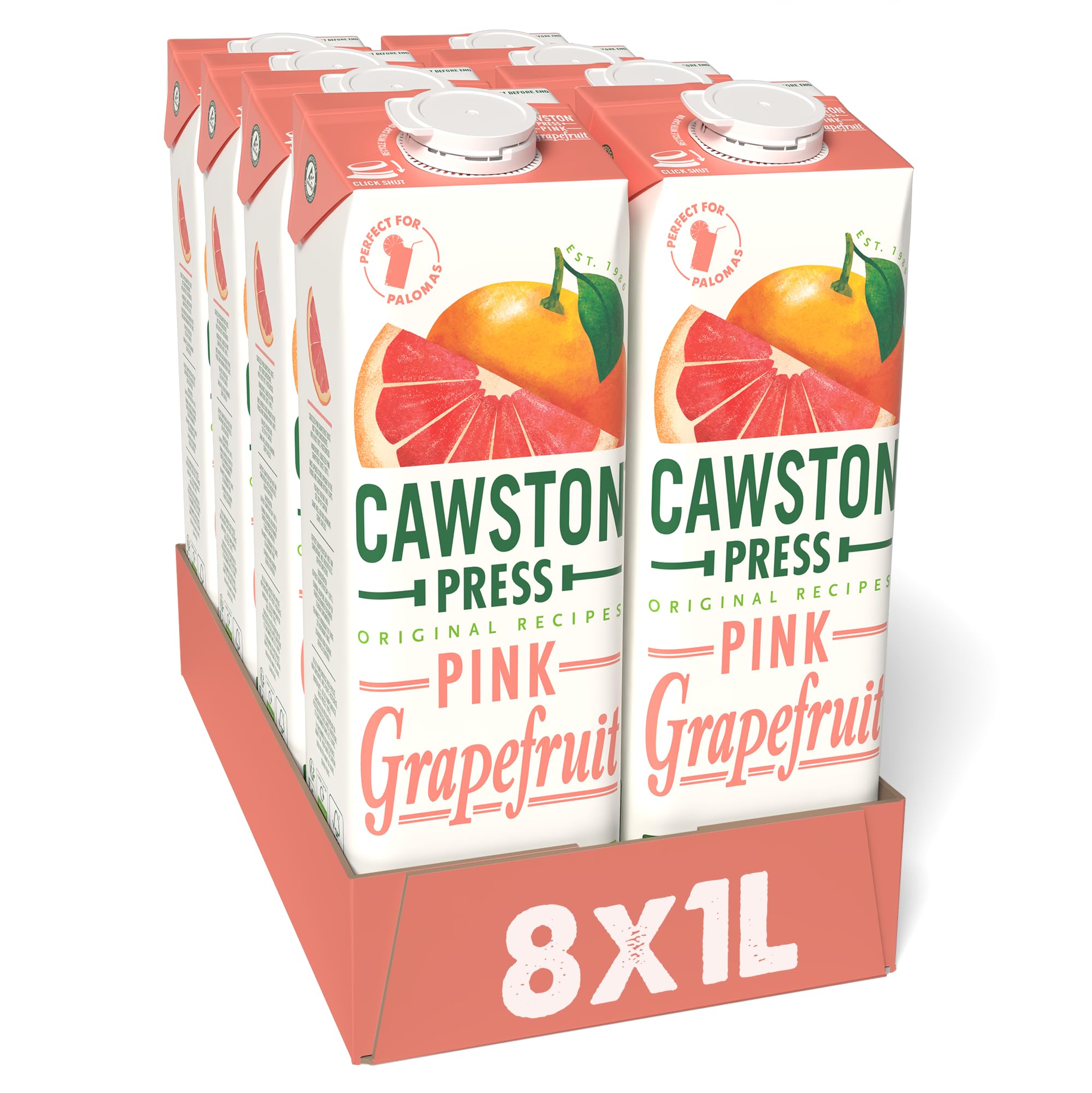 Cawston Press Pink Grapefruit Juice 100% Pressed, All Natural, Vegan, No Added Sugar, 1 Litre Cartons (Pack of 8)