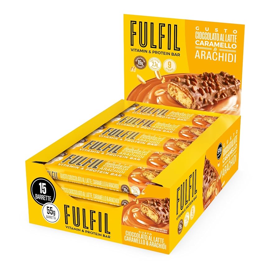 FULFIL - 15 Barrette Proteiche da 55 Grammi, Gusto Cioccolato Caramello e Arachidi con 9 Vitamine e Pochi Zuccheri, Confezione da 825 Grammi