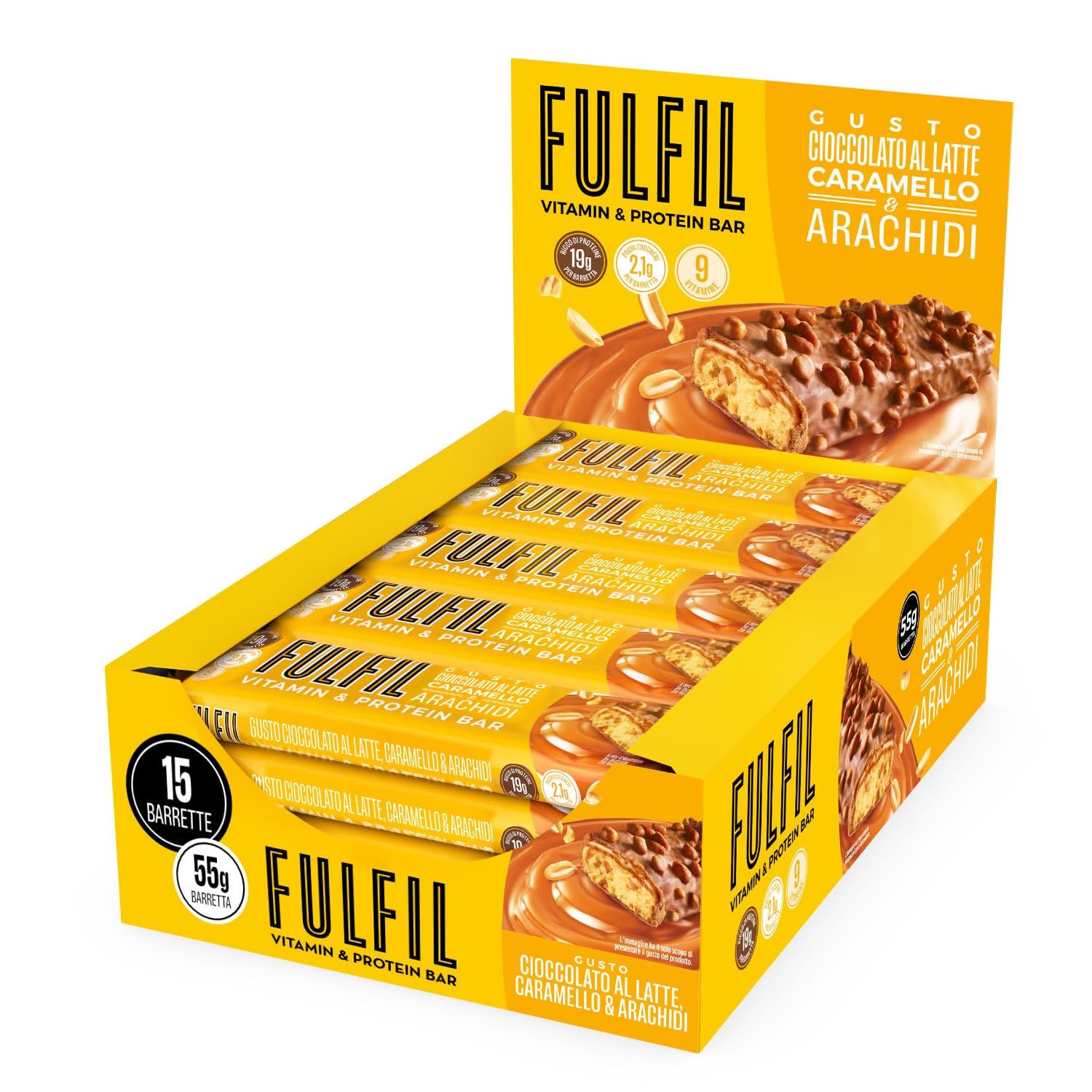 FULFIL - 15 Barrette Proteiche da 55 Grammi, Gusto Cioccolato Caramello e Arachidi con 9 Vitamine e Pochi Zuccheri, Confezione da 825 Grammi