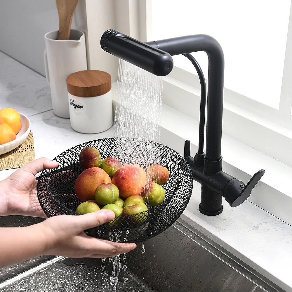 Grifo de 3 vías para purificador negro con ducha extraíble, giratorio 360°, compatible con filtro de cascara/RO, mezclador de fregadero de cocina de doble salida para agua potable y caliente/fría