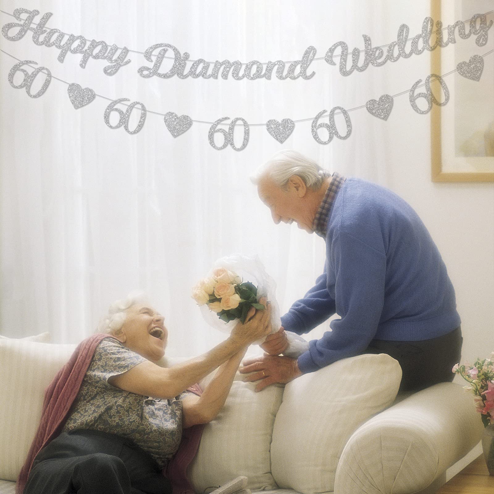 Dekorationsset Zum 60. Hochzeitstag – Banner & 6 Hängende Wirbel, Glitzernd, Silber
