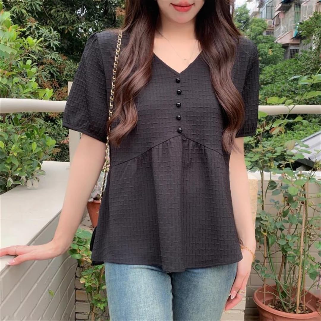Camicetta da donna casual con volant a maniche corte estiva con scollo a V