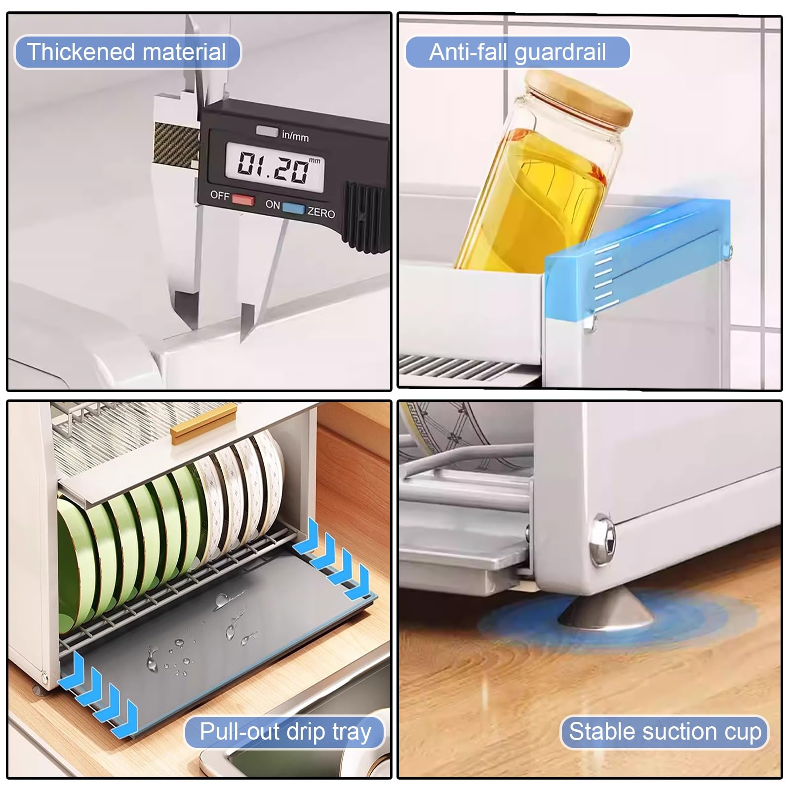 Escurridor de platos, organizador de encimera de cocina, estante de almacenamiento de acero al carbono con gabinete de cubierta abatible, diseño que ahorra espacio para platos, vasos y cuencos