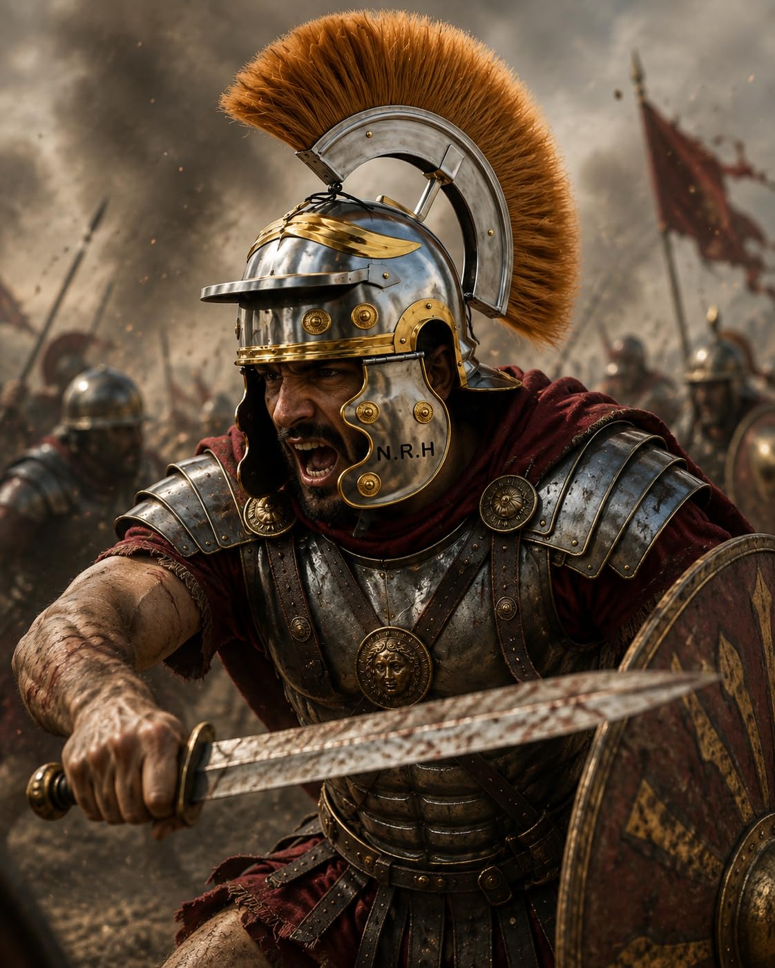 Roman Centurion Armor - Casco con Pluma Rubia en el Soporte