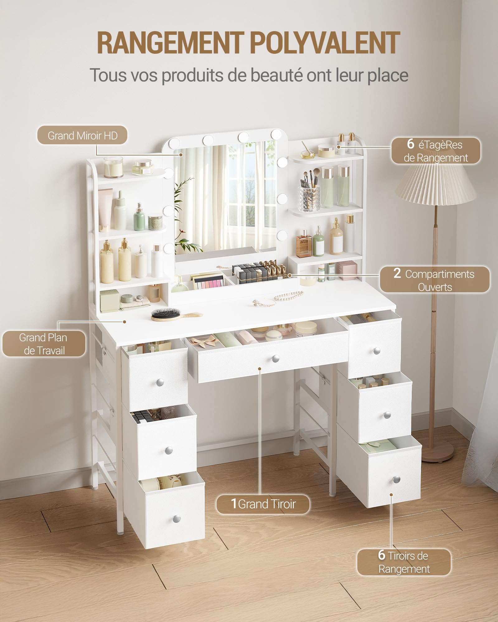 Hzuaneri Coiffeuse avec éClairage LED, Coiffeuse avec Grand Miroir HD, 7 Tiroirs et 6 éTagèRes de Rangement, Dressing de Chambre, Moderne Blanc DT42303XEU