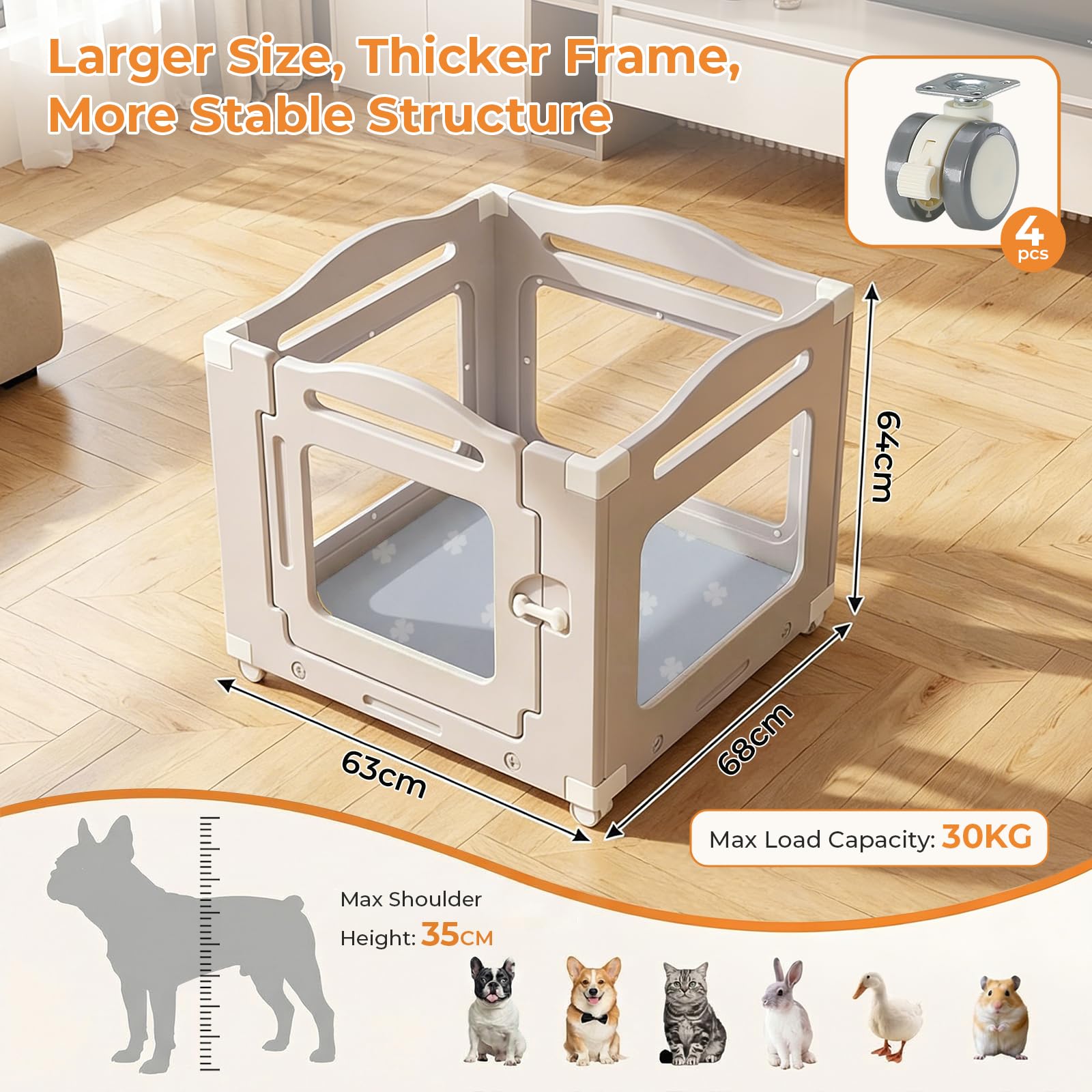 MAMIZO Parque para Perros Acrílico 63 × 68 cm, Recinto Perros con Ruedas | 3+1 PCS Paneles Caja de Parto para Animales con Alfombra Impermeable y Base, Gris Cálido