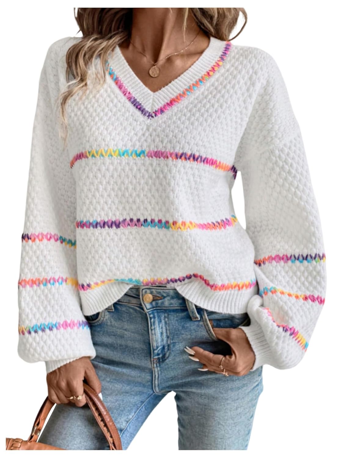 Verdusa Womens Striped Oversized Sweaters Cozy Pullover V Neck Knit Sweater Fall Winter Clothes