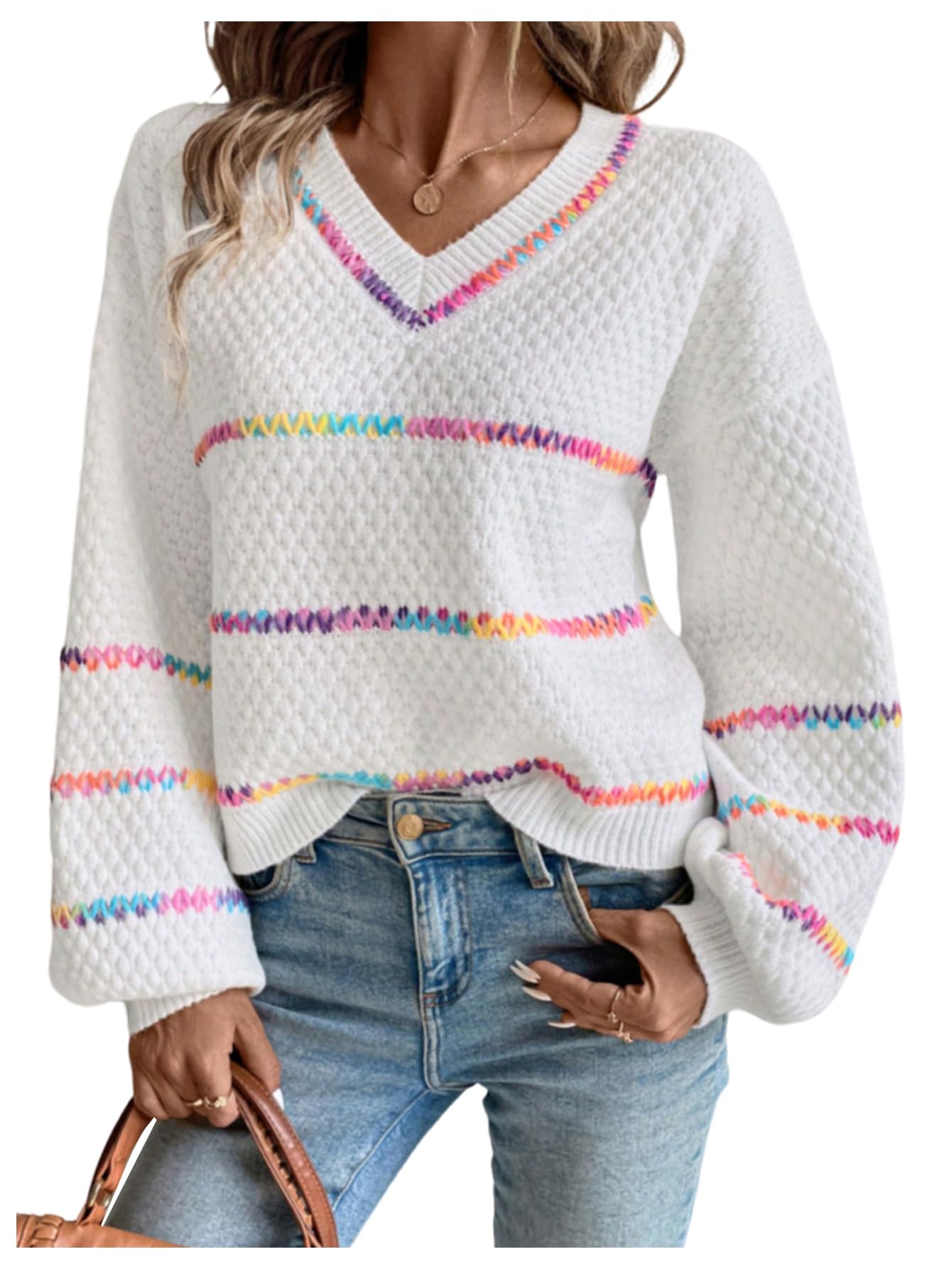 Verdusa Womens Striped Oversized Sweaters Cozy Pullover V Neck Knit Sweater Fall Winter Clothes