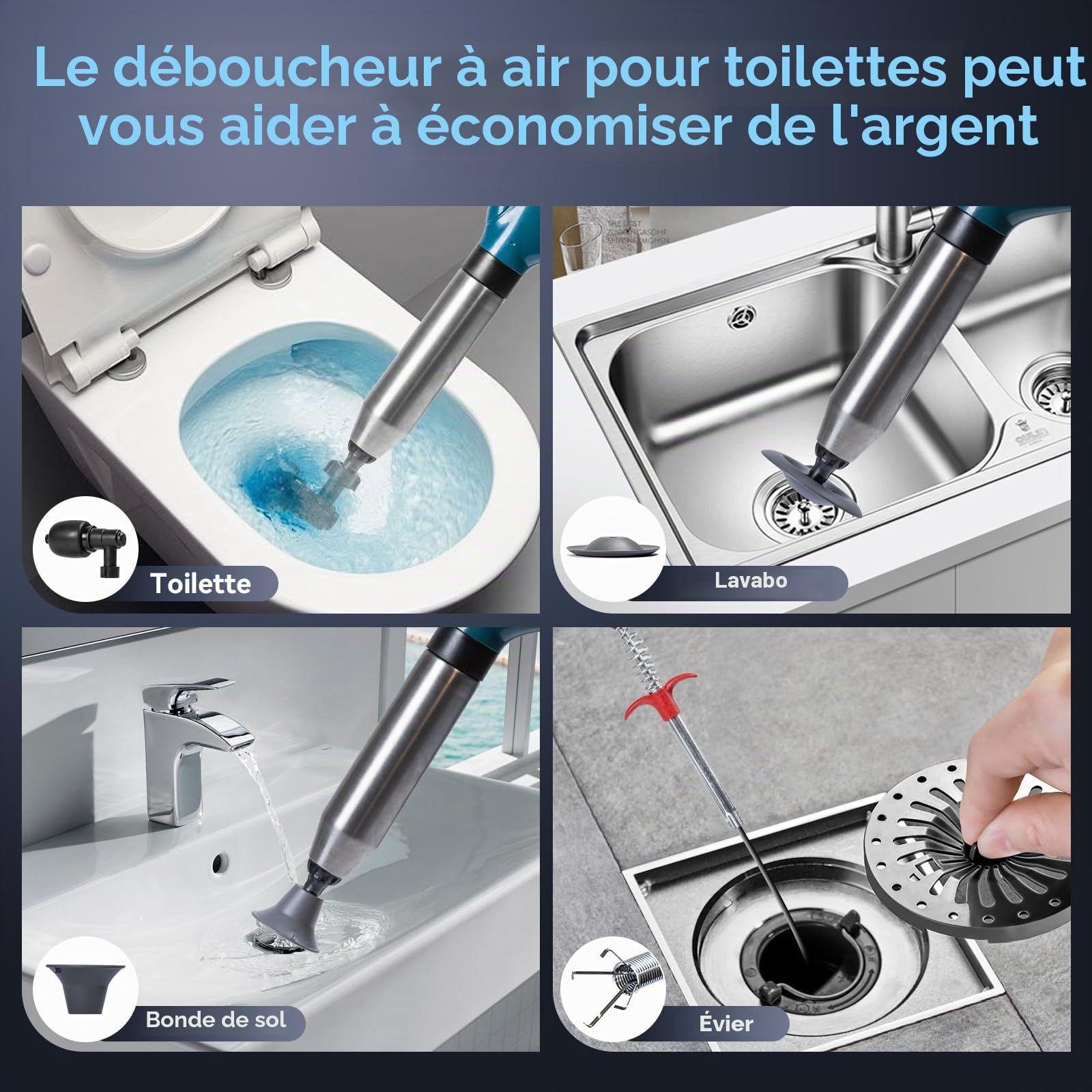 Déboucheur de canalisations à air comprimé, pompe de débouchage avec compression d'air et indicateur de pression d'air, pompe de nettoyage de canalisations à air comprimé avec 4 ventouses et gants