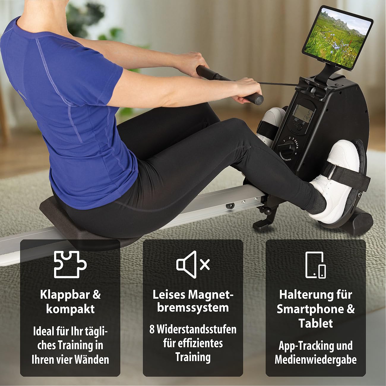 PEARL Sports Sportgeräte: Klappbares Heim-Rudergerät mit 8 Stufen, Magnetbremssystem, bis 120 kg (Rudermaschine, Heimrudergerät, PC)