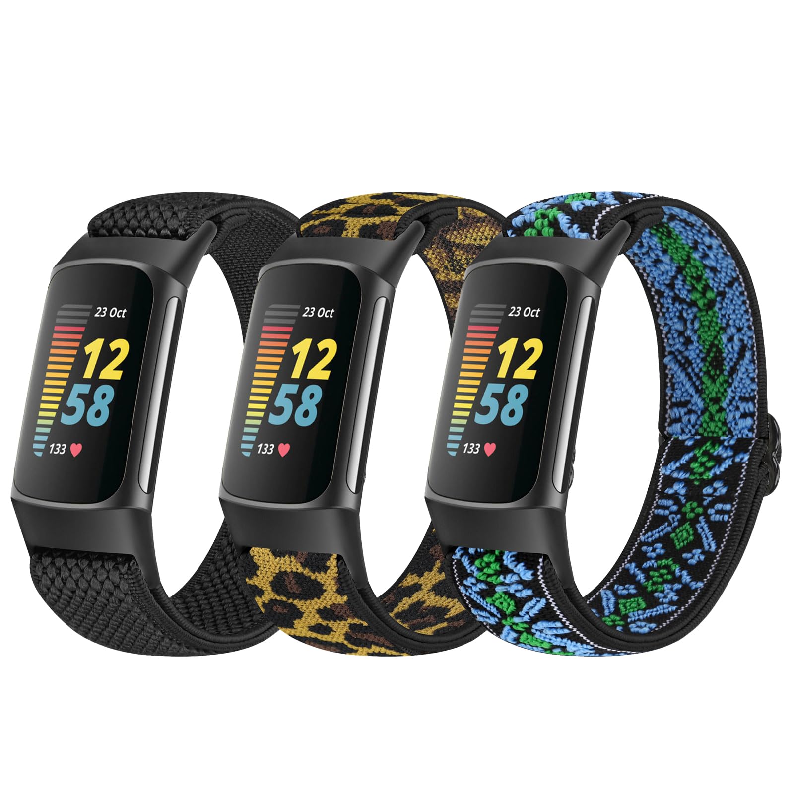 Relting Elastic Band Compatible with Fitbit Charge 6/5 Band, Stretchy Nylon Sports Replacement Wristband Women Men for Fitbit Charge 5/6 [3 Pack]