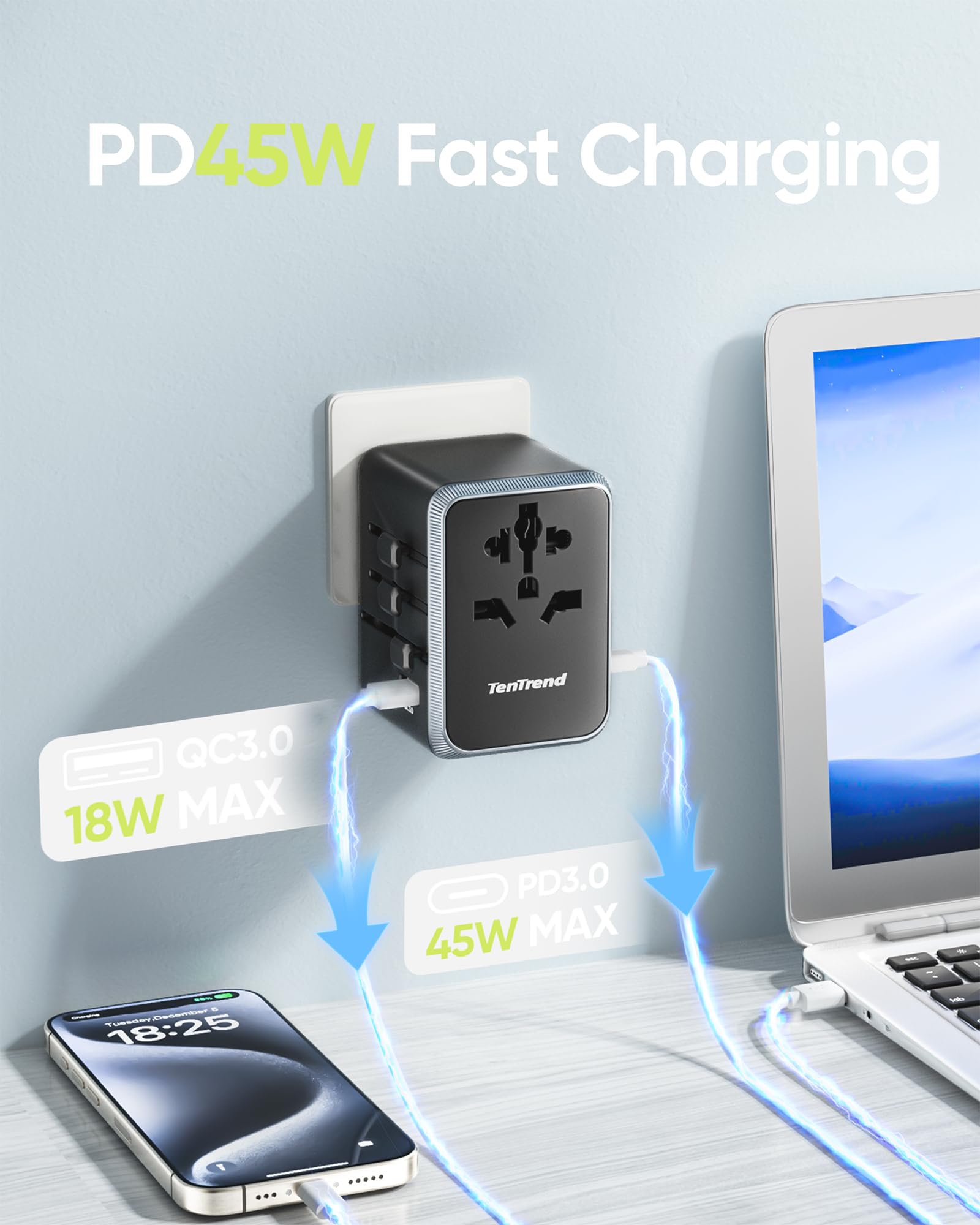 TenTrend - Adaptateur de voyage universel, adaptateur secteur international 45 W avec 4 ports USB-C et 1 port USB-A, adaptateur de prise de voyage européen, essentiel dans le monde entier