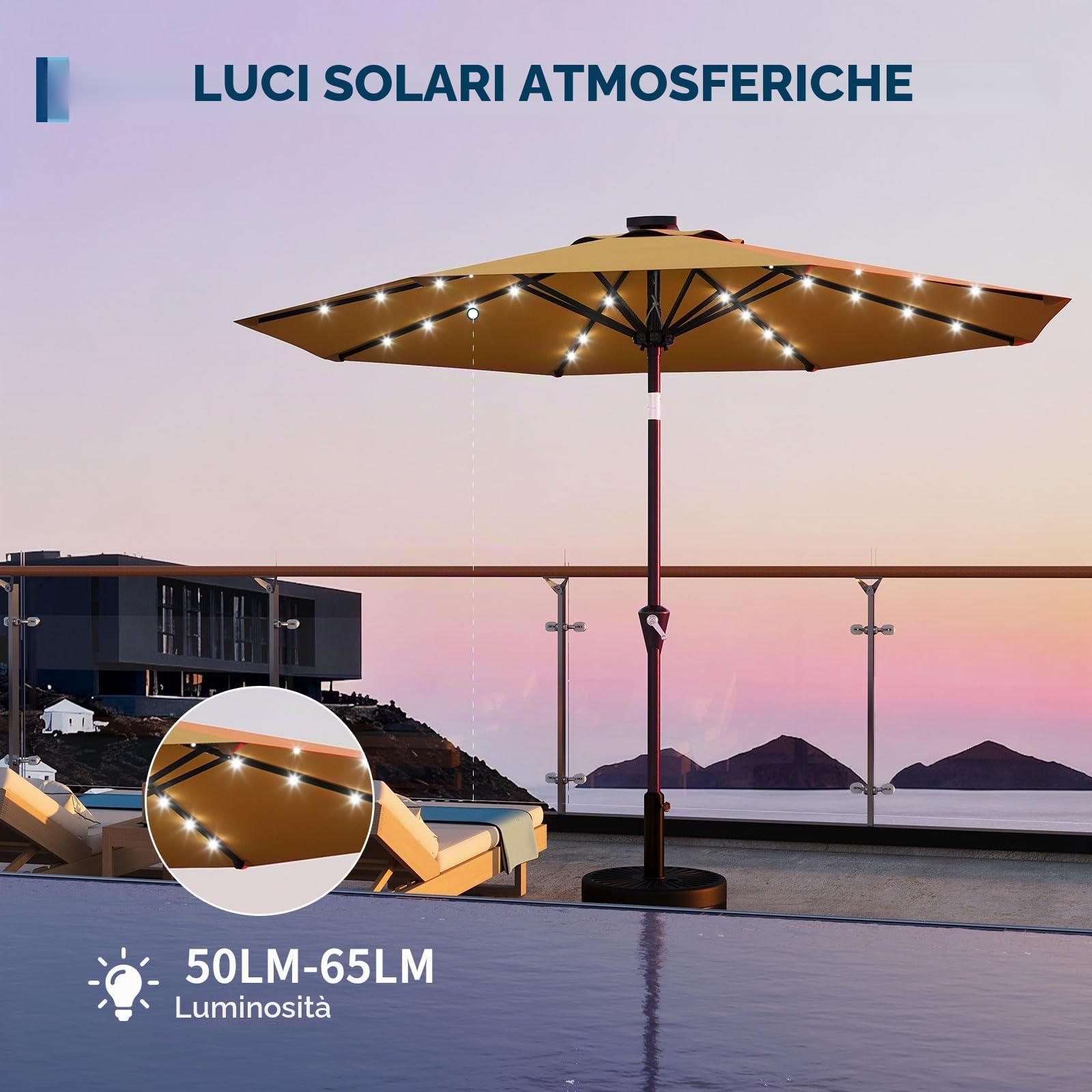 GarveeHome Ombrellone Da Giardino Solare 3 m Con 32 Luci LED, Protezione UV, Sollevamento a Manovella, Inclinazione Regolabile Con Pulsante, Per Terrazzo e Giardino