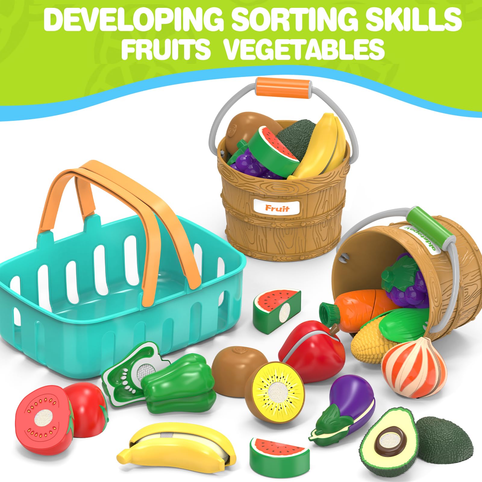 Jeu D'Imitation Aliments à Découper - 27 Pièces Avec Seaux Et Couteaux - Jouet Éducatif Enfant