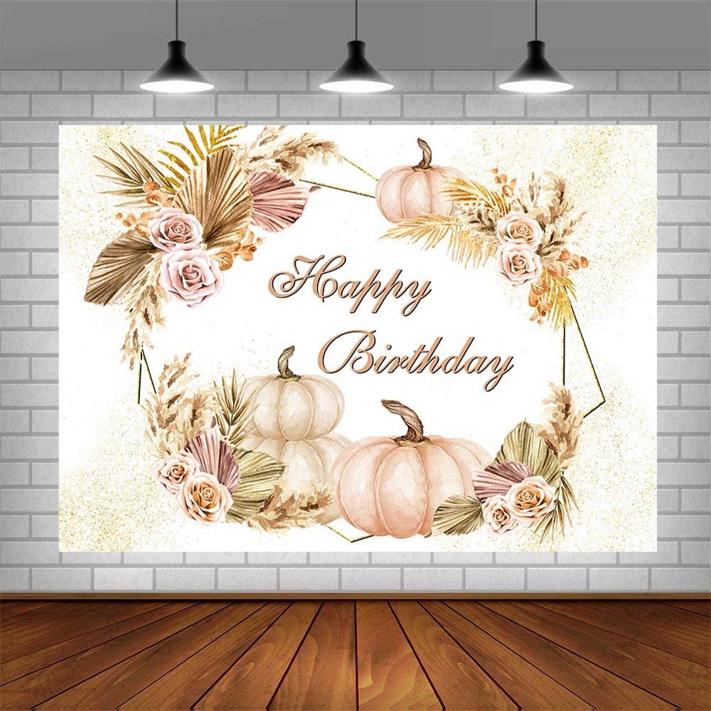 Mocsicka Autumn Pumpkin Birthday Backdrop Boho Pumpkins Fall Floral Happy Birthday Background Party Decorations Thanksgiving Autumn Leaves Pampas Grass Banner Photo Booth Props (6x4ft