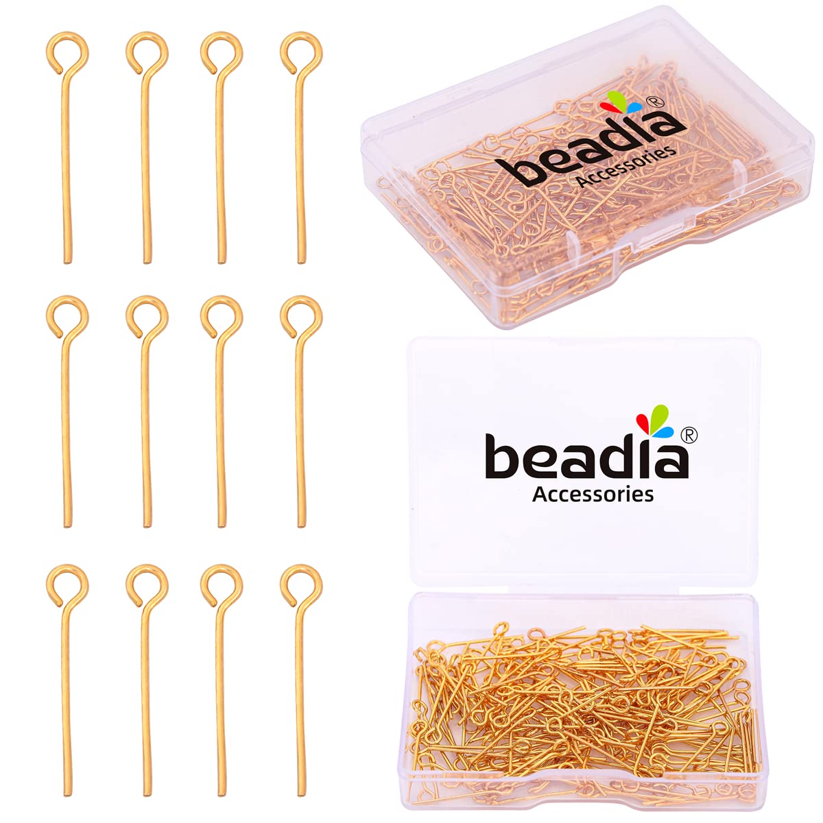 BEADIA 18K Gold Plated Open Eye Pins Non Tarnish 20mm 200pcs for Jewelry Making Findings
