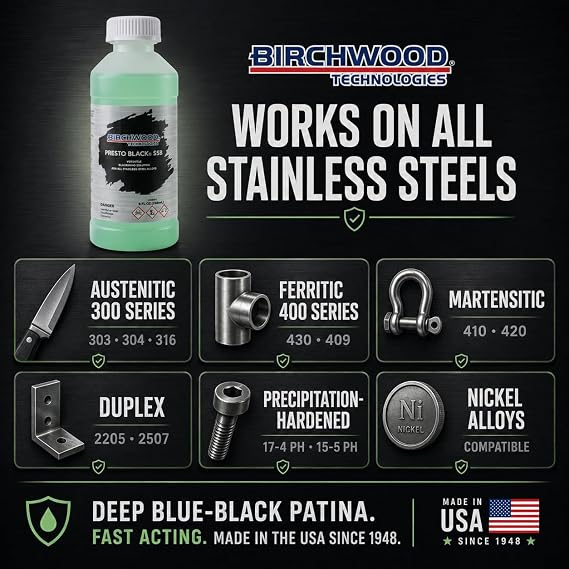 Birchwood Presto Black Stainless Steel Blackener (SSB) - cold brush on blackening solution for STAINLESS alloys, traditional patina stainless black oxide touch-up (8 oz)