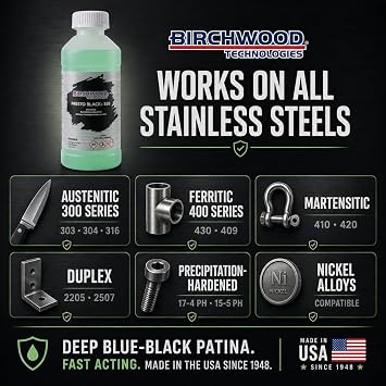Birchwood Presto Black Stainless Steel Blackener (SSB) - cold brush on blackening solution for STAINLESS alloys, traditional patina stainless black oxide touch-up (8 oz)