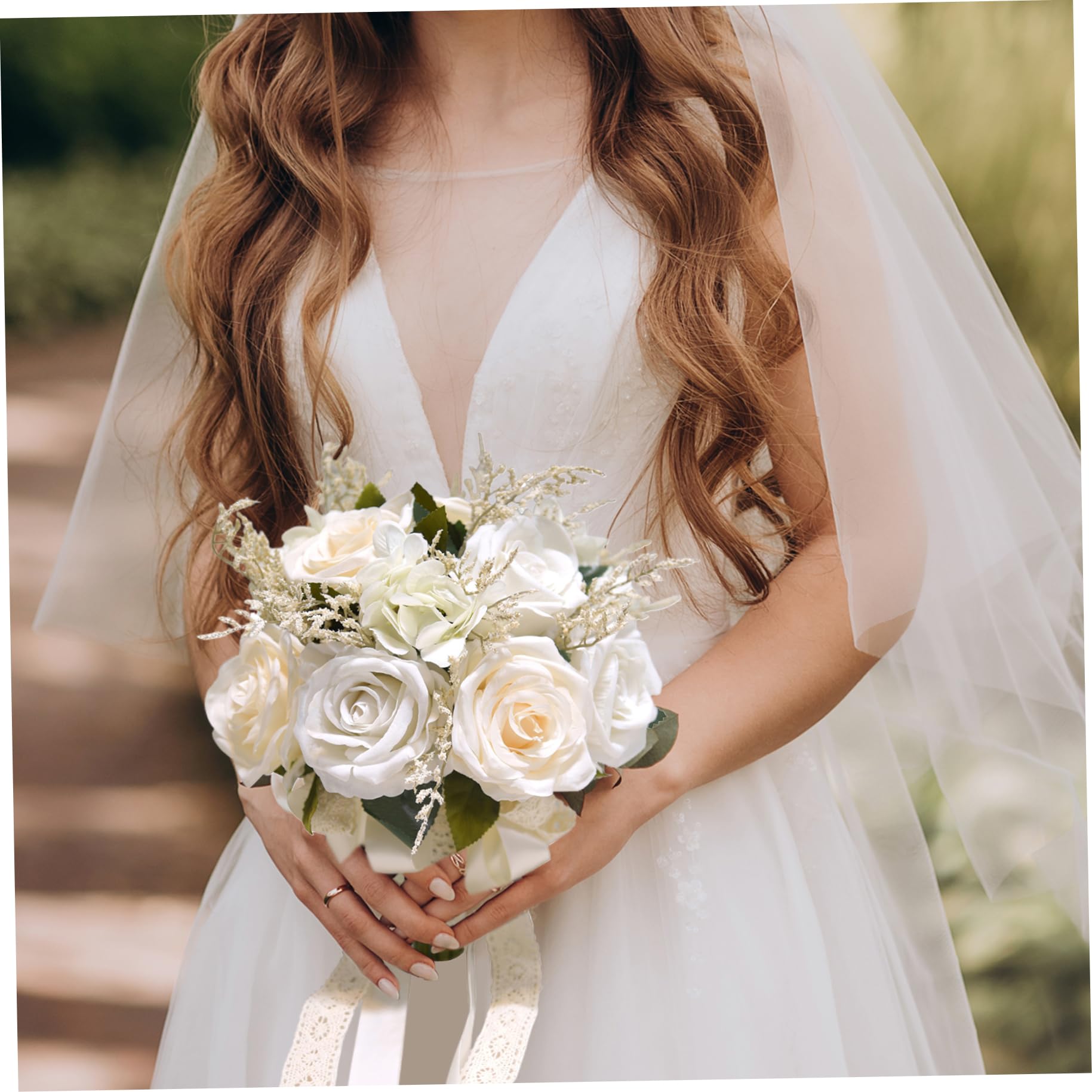 Bouquets de mariage pour la mariée, bouquets de mariée blanches de 9,1 pouces pour la mariée, bouquet de rose artificiel, bouquet de fleurs avec ruban de soie pour cérémonie de la Saint-Valentin