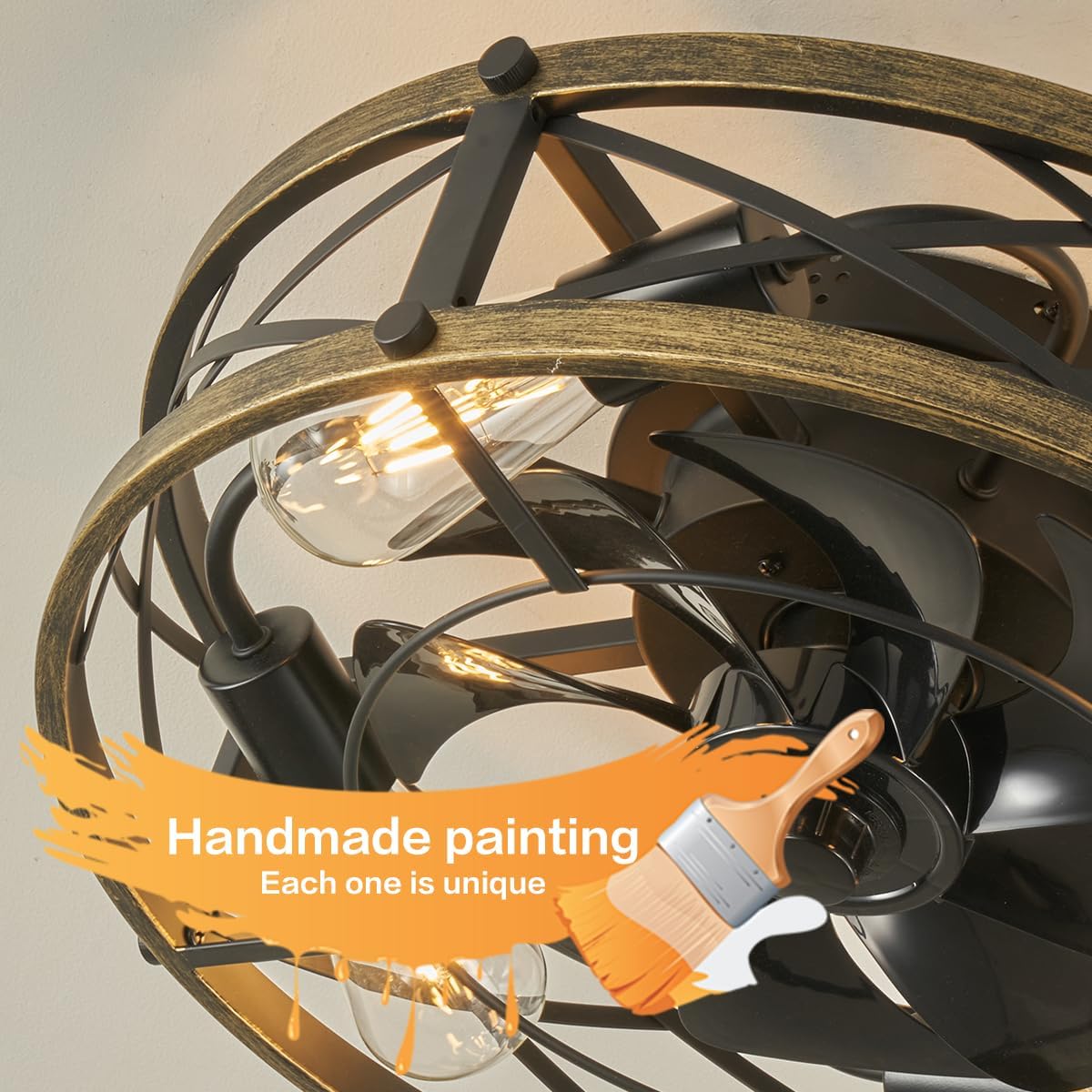 19" Caged Flush Mount Ceiling Fans with Lights and Remote, Farmhouse Low Profile Ceiling Fan with Light, Rustic Bladeless Ceiling Fans with Lights for Kitchen, Living Room, Bedroom